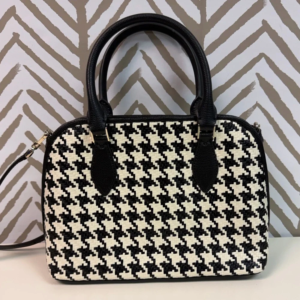 New Kate Spade Small Darcy Houndstooth Straw Satchel with Crossbody Strap - Picture 5 of 9